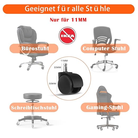 Office Chair Wheels 11 mm x 22 mm Double Row Wheels for Office Chairs Load Capacity 300 kg Stable Operation Desk Chair Wheels and Gaming Chairs, Hard Floor Castors, Suitable for Any Floor - Image 6