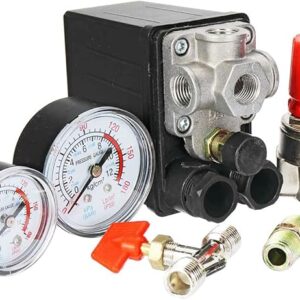 Click to see full view       3+ 90-120PSI Air Compressor Pressure Switch Valve Control Manifold Regulator Gauges Safety Valve 1/4"BSP Air Compressor Parts Portable Air Compressor Automatic Control US(Four -hole assembly 2/3)
