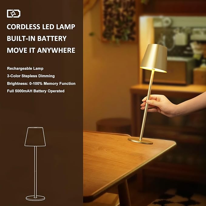 Wireless Table Lamp, Dimmable Table Lamp, Battery LED with 3 Colour Temperatures, Continuously Dimmable, Touch Lamp with USB-C Rechargeable for Outdoor Bedside Table, Dining Table, Camping - Image 5