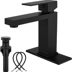 Midanya Bathroom Faucets 1 Hole, Single Handle Stainless Steel Bathroom Sink Faucet, Modern Vanity Faucets with Deck Plate,Water Supply Hoses and Pop Up Drain,Matte Black