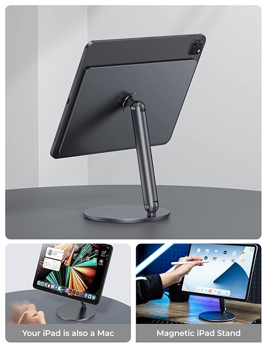 BENKS Tablet Magnetic Stand Adjustable, Swivel iPad Stand with 360° Rotating Base, Aluminum Foldable Desktop Stand Holder - Image 4