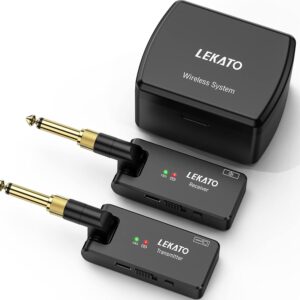 LEKATO Wireless Guitar System with Charging Case, Rechargeable 2.4GHz Wireless Transmitter Receiver Guitar Wireless System 4 Channels with Dual Plugs 3.5mm/6.35mm