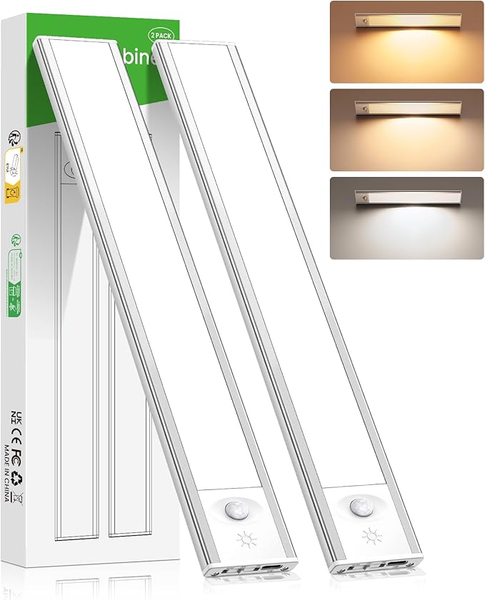 Under Cabinet Lights, 2 Pack Wireless Motion Sensor Light Indoor, Rechargeable Under Cabinet Lighting, Stick-On Magnetic Closet Lights, Under Counter Lights for Kitchen Hallway Stai