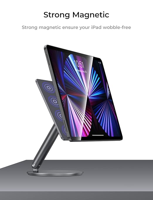 BENKS Tablet Magnetic Stand Adjustable, Swivel iPad Stand with 360° Rotating Base, Aluminum Foldable Desktop Stand Holder - Image 3
