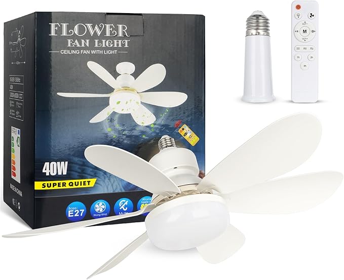 Socket Fan Light, 20.5IN Light Bulb Fan with Remote Dimmable, Screw in Fan and Light Combo for Garage Kitchen Bedroom Balcony Living Tools Store Laundry Room