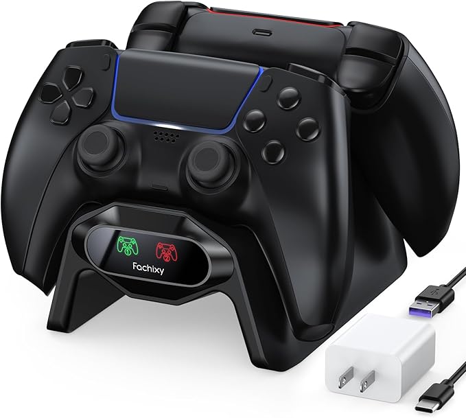 Fachixy Controller Charger for PS5, with 2-Hour Fast Charging chip, PlayStation 5 Charging Station with US Power Adapter and Cable, with LED Charging Status Indicator Light, Black