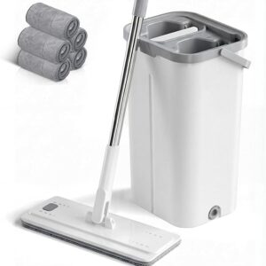 MASTERTOP Floor Mop and Bucket Set with Wringer,2-Bucket System Separates Clean & Dirty Water,Hands-Free Compact Mop and Bucket with 5 Reusable Pads,Mops for Cleaning Hardwood Laminate Floors