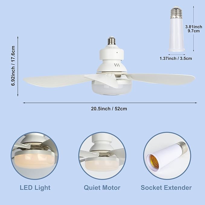 Socket Fan Light, 20.5IN Light Bulb Fan with Remote Dimmable, Screw in Fan and Light Combo for Garage Kitchen Bedroom Balcony Living Tools Store Laundry Room - Image 6