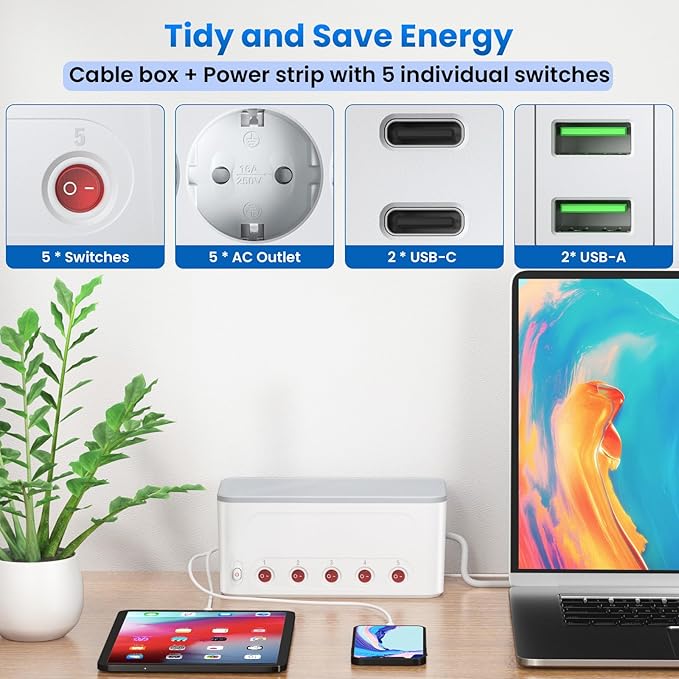 Power Strip with Cable Order Box, Large Cable Management Box Socket Strip 5 Way Socket, Hides Extension Blocks, Desk Cable Management, Stylish TV Cable, Multi Plug 1.5M Cable, White - Image 6