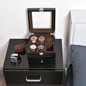 ProCase 6 Slots Lacquered Finish Wooden Watch Box for Men, Men’s Watch Organizer with Glass Top, 2-Tier Display Case for Wristwatch Storage -Black