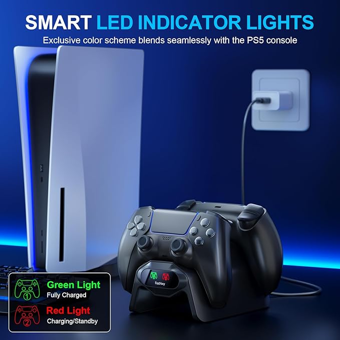 Fachixy Controller Charger for PS5, with 2-Hour Fast Charging chip, PlayStation 5 Charging Station with US Power Adapter and Cable, with LED Charging Status Indicator Light, Black - Image 7