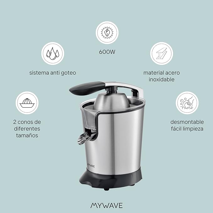 My Wave - Nido Pro electric juicer - Fast juice extraction - 600 W power - Juicer with anti-drip system - Non-slip rubber holders - Includes 2 cones - Image 3