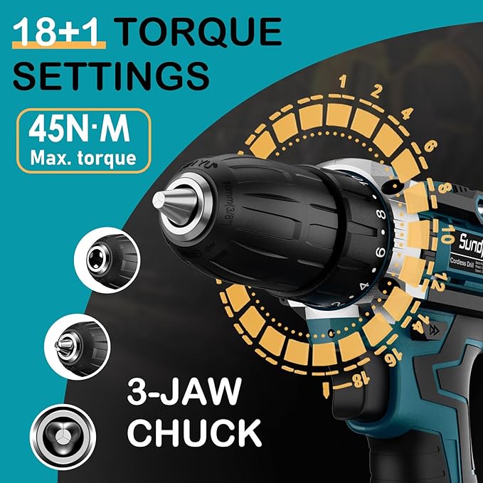 Sundpey Cordless Drill Set 21V - Power Drill Driver - Electric Screwdriver with 2 Batteries 2.0Ah & LED Light & Spirit Level & 18+1 Torque (Max 45N.m) & 2 Speed for Home DIY Project Blue - Image 7