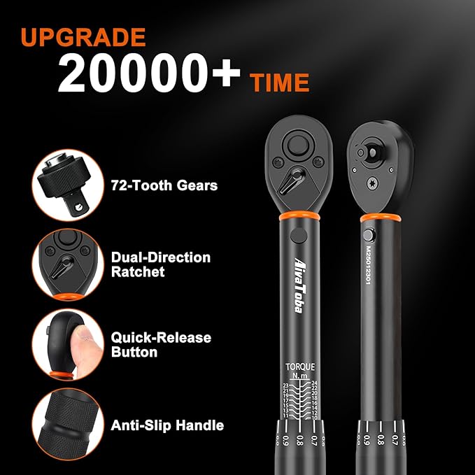 AivaToba Torque Wrench Set 33 PCS, 2-24 Nm Bike Torque Wrench 1/4, with Dual-Direction 72 Teeth, ±3% Accuracy, Including Extension Bars, Socket Bits Set, 1/4"-3/8" Adapter, for Bicycle Repair - Image 8