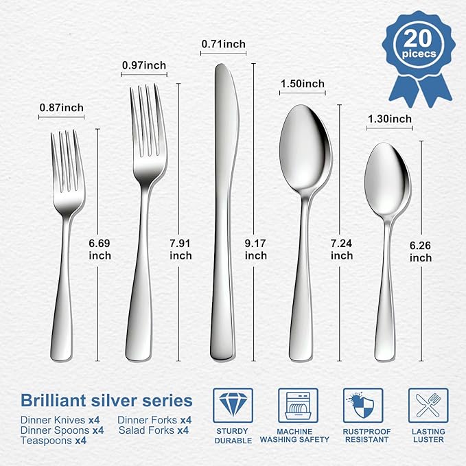 BEWOS Silverware Set - Stainless Steel Silverware Sets for 4 Include Spoon, Forks, Knives, Mirror Polished Flatware Set for Home, Kitchen, Restaurant, Dishwasher Safe - Image 7