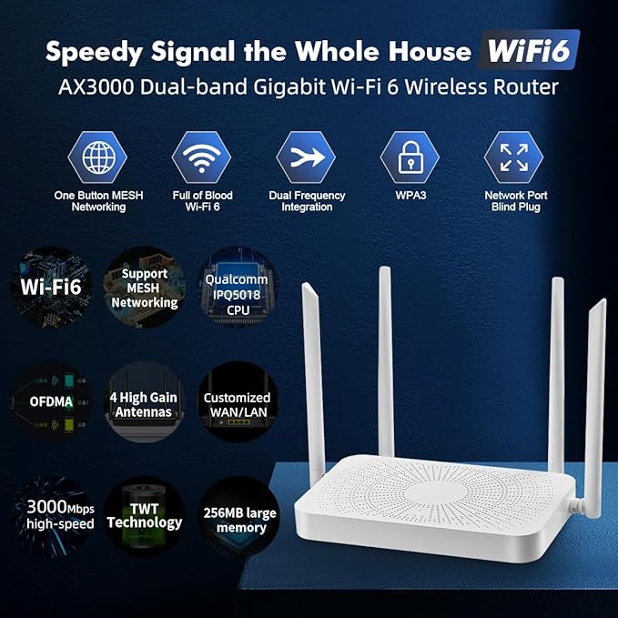 Binardat WiFi6 Wireless Internet Router AX3000, 2.4G/5G Dual Band 160MHz Bandwidth 2x2 MIMO, 4 Gigabit Ethernet WAN/LAN Ports, One-Click MESH/WPS - Image 9