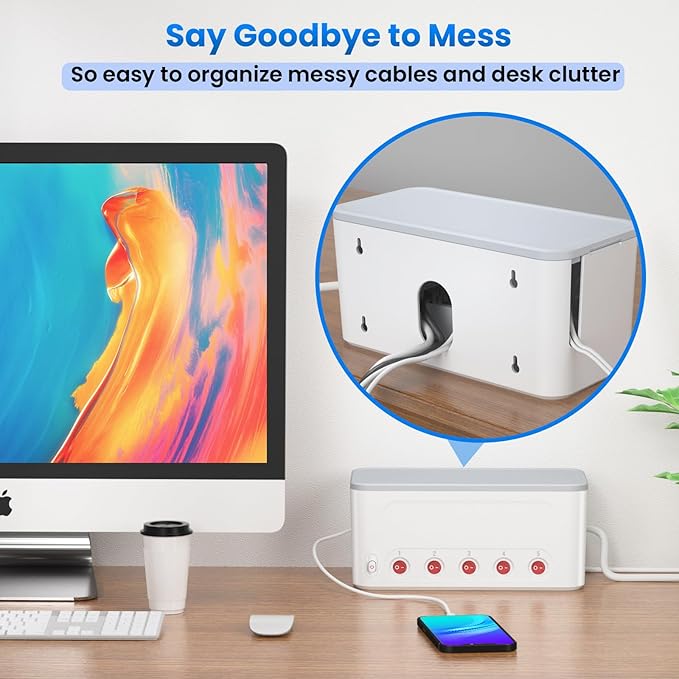 Power Strip with Cable Order Box, Large Cable Management Box Socket Strip 5 Way Socket, Hides Extension Blocks, Desk Cable Management, Stylish TV Cable, Multi Plug 1.5M Cable, White - Image 3