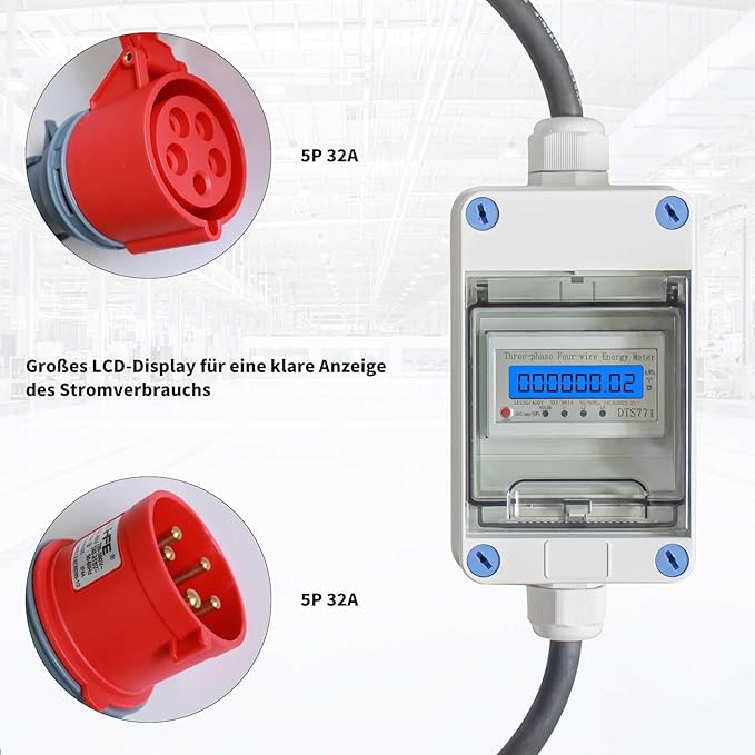 Mobile current meter with CEE plug and coupling, 3 × 230 V/400 V 32 A and coupling, intermediate gauge for caravans, electric vehicles, camping or under Brand: Lomhyve - Image 5