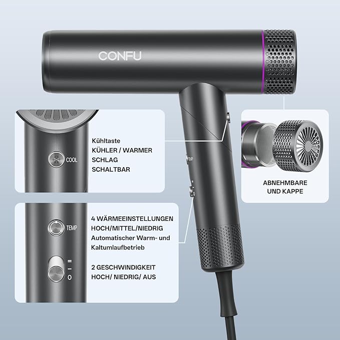 CONFU Professional Ionic Hair Dryer 1700W Lightweight Foldable Low Noise Magnetic Diffuser Styling Nozzle Extra Long Cable for Home, Salon and Travel - Image 10