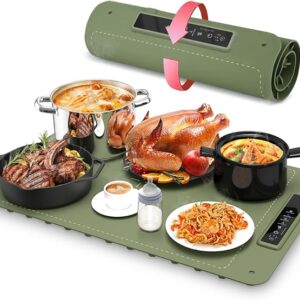 Electric Warming Tray, Mojimdo Silicone Warming Mat for Food with 4 Temperature Settings, Child-Lock, Auto Shut-Off, and 1H/3H/5H Timer, Portable Food Warmers for Buffets Party Family Gatherings-Green