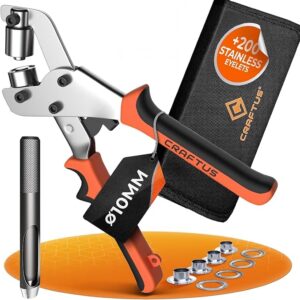 Professional Eyelet Plier Set of 200 Grommets (Ø 10 mm) I Magnetic Eyelet Press made of Hardened Steel for Fabrics and Presses I Pliers for Eyelets and Metal Loops