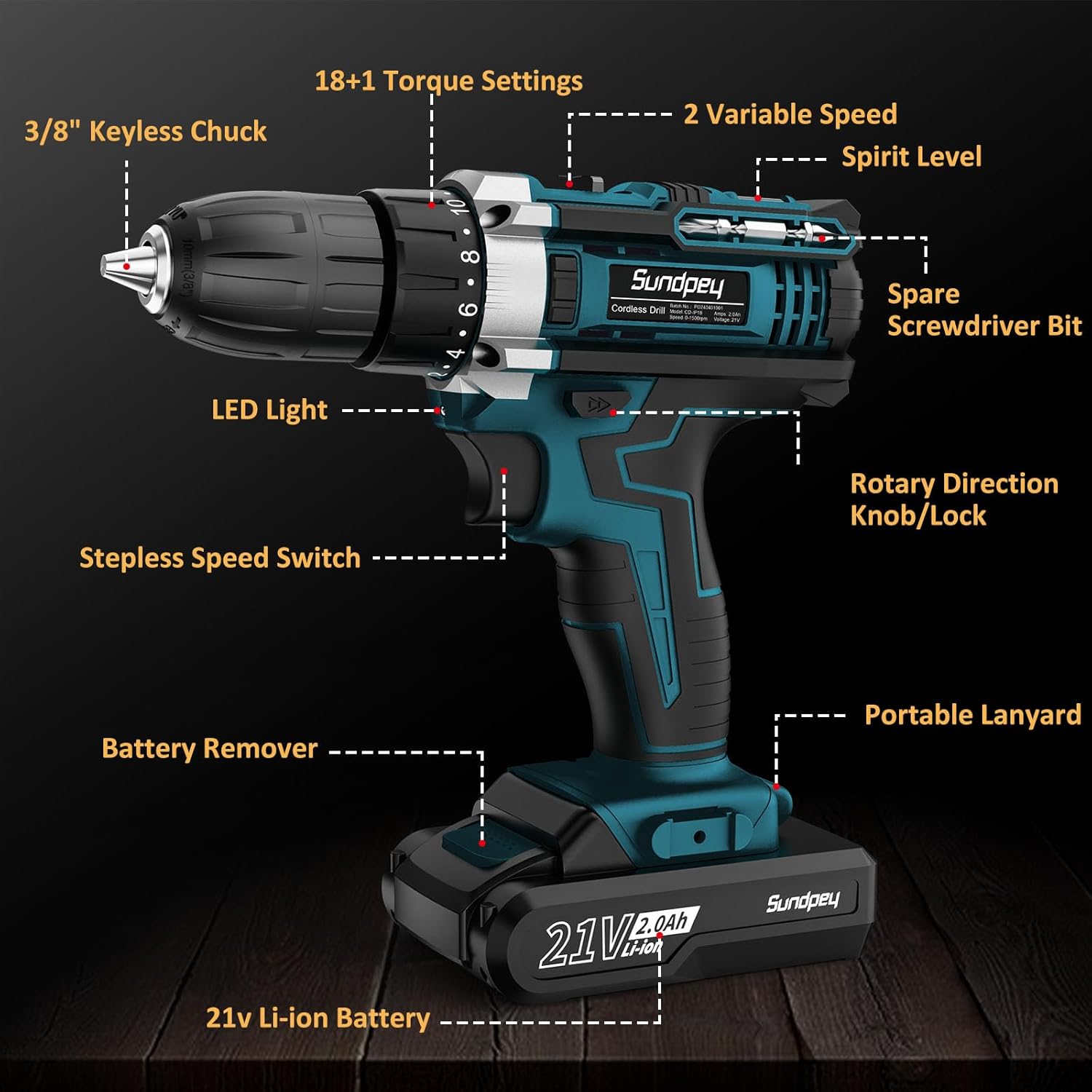 Sundpey Cordless Drill Set 21V - Power Drill Driver - Electric Screwdriver with 2 Batteries 2.0Ah & LED Light & Spirit Level & 18+1 Torque (Max 45N.m) & 2 Speed for Home DIY Project Blue - Image 3