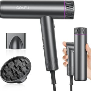 CONFU Professional Ionic Hair Dryer 1700W Lightweight Foldable Low Noise Magnetic Diffuser Styling Nozzle Extra Long Cable for Home, Salon and Travel