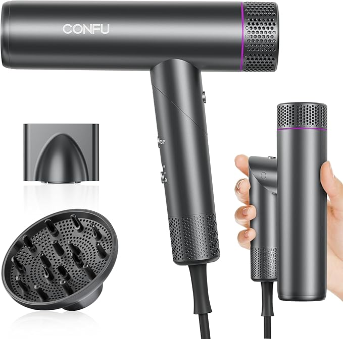 CONFU Professional Ionic Hair Dryer 1700W Lightweight Foldable Low Noise Magnetic Diffuser Styling Nozzle Extra Long Cable for Home, Salon and Travel