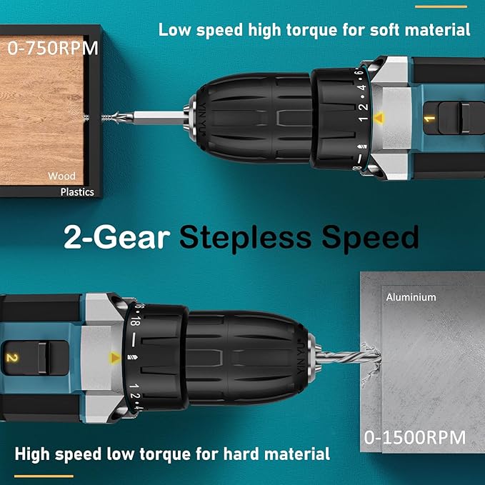 Sundpey Cordless Drill Set 21V - Power Drill Driver - Electric Screwdriver with 2 Batteries 2.0Ah & LED Light & Spirit Level & 18+1 Torque (Max 45N.m) & 2 Speed for Home DIY Project Blue - Image 6