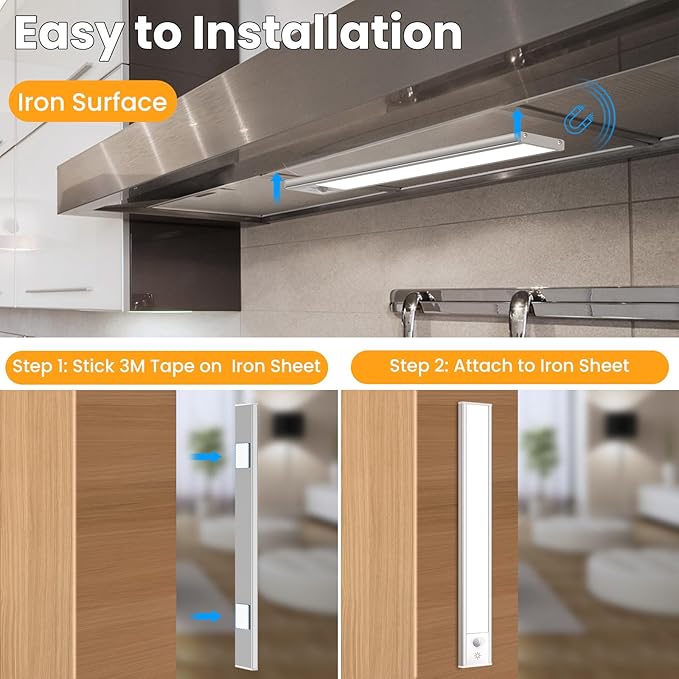 Under Cabinet Lights, 2 Pack Wireless Motion Sensor Light Indoor, Rechargeable Under Cabinet Lighting, Stick-On Magnetic Closet Lights, Under Counter Lights for Kitchen Hallway Stai - Image 3