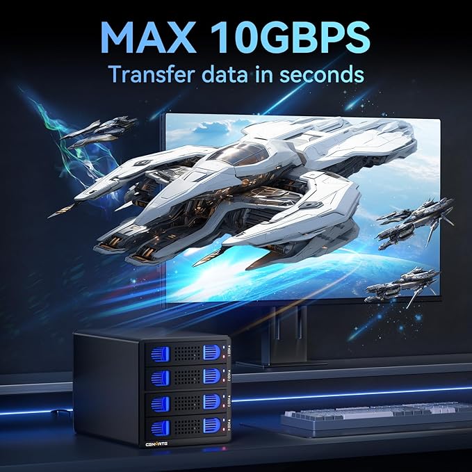 Aluminum 4 Bay 10Gbps Hard Drive Enclosure with Cooling Fan for 2.5“/3.5" SATA HDD/SSD with USB A/C 3.2 Gen 2, Support Hot Swappable, Tool-Free HDD Enclosure, DAS(NO RAID/NAS) - Image 7