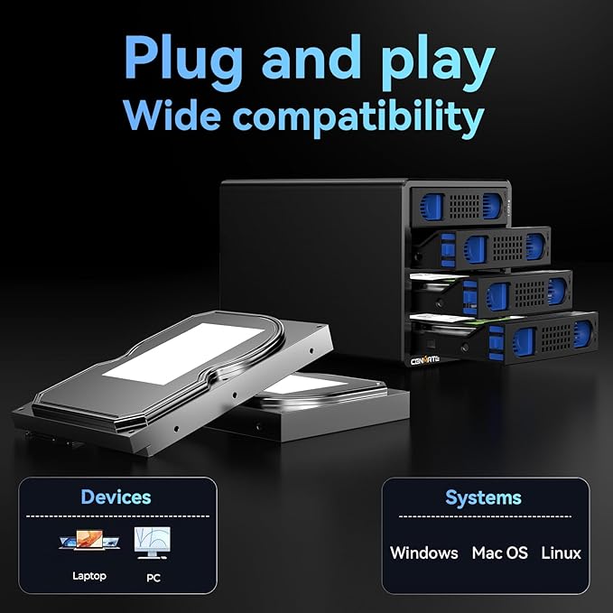 Aluminum 4 Bay 10Gbps Hard Drive Enclosure with Cooling Fan for 2.5“/3.5" SATA HDD/SSD with USB A/C 3.2 Gen 2, Support Hot Swappable, Tool-Free HDD Enclosure, DAS(NO RAID/NAS) - Image 3