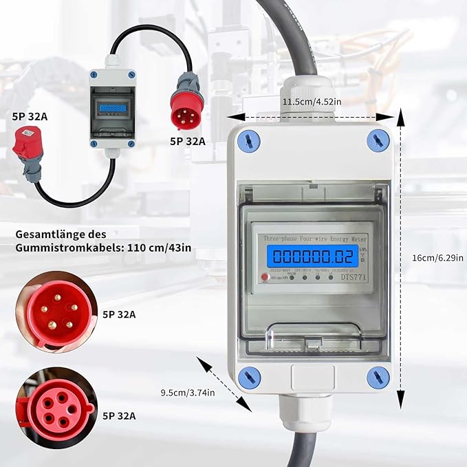 Mobile current meter with CEE plug and coupling, 3 × 230 V/400 V 32 A and coupling, intermediate gauge for caravans, electric vehicles, camping or under Brand: Lomhyve - Image 3