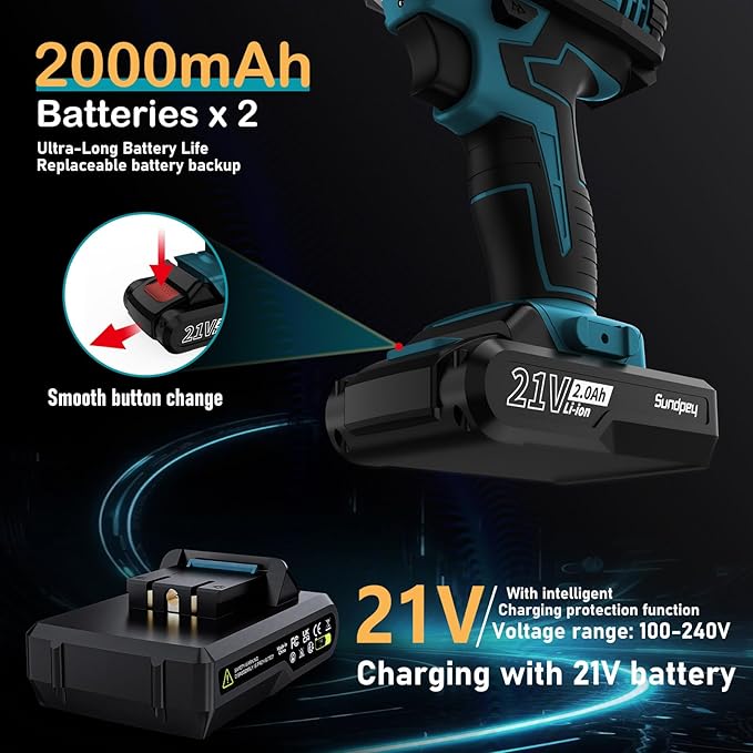Sundpey Cordless Drill Set 21V - Power Drill Driver - Electric Screwdriver with 2 Batteries 2.0Ah & LED Light & Spirit Level & 18+1 Torque (Max 45N.m) & 2 Speed for Home DIY Project Blue - Image 5
