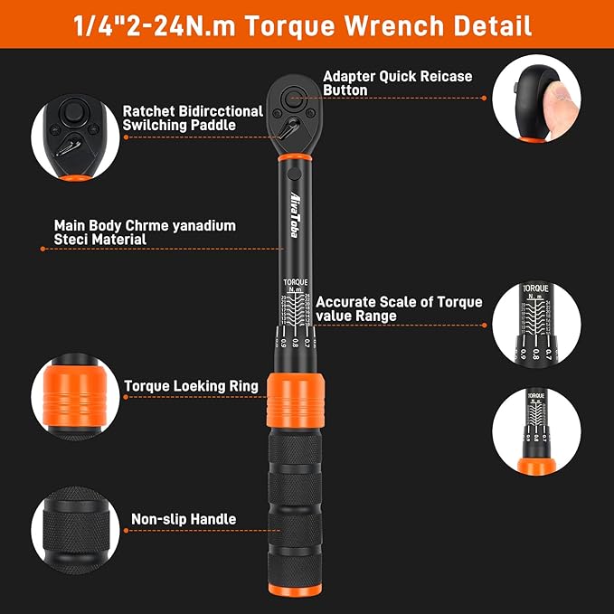 AivaToba Torque Wrench Set 33 PCS, 2-24 Nm Bike Torque Wrench 1/4, with Dual-Direction 72 Teeth, ±3% Accuracy, Including Extension Bars, Socket Bits Set, 1/4"-3/8" Adapter, for Bicycle Repair - Image 7