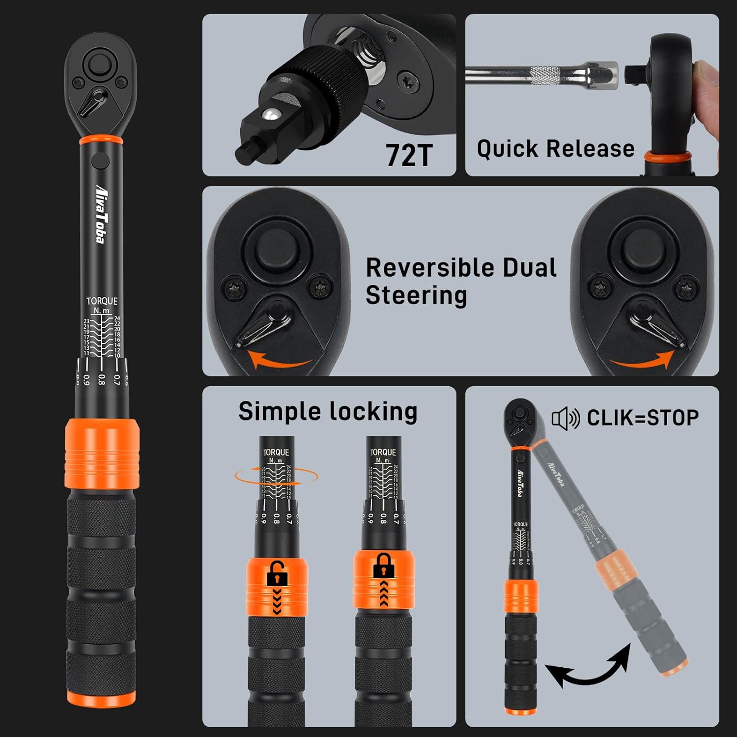 AivaToba Torque Wrench Set 33 PCS, 2-24 Nm Bike Torque Wrench 1/4, with Dual-Direction 72 Teeth, ±3% Accuracy, Including Extension Bars, Socket Bits Set, 1/4"-3/8" Adapter, for Bicycle Repair - Image 4