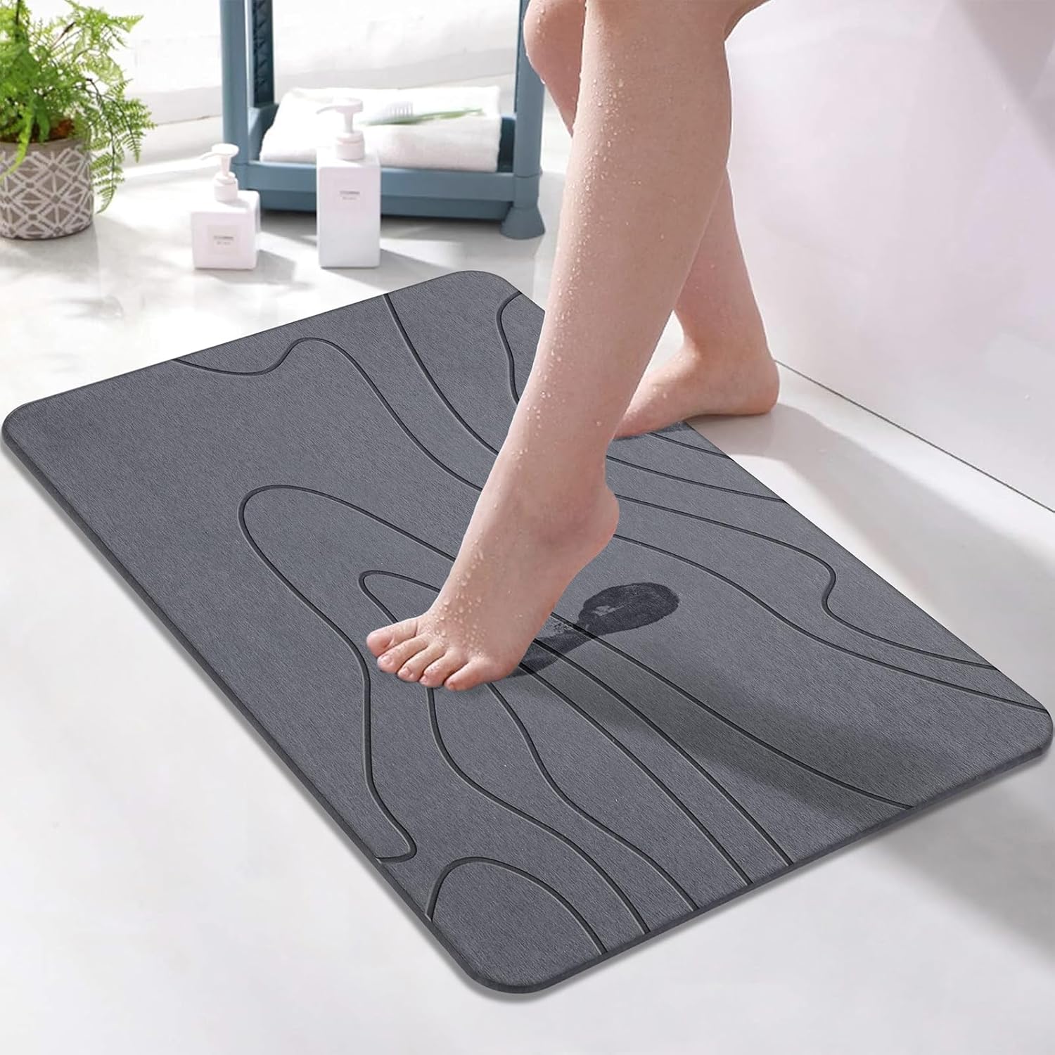 Stone Bath Mat – Non-Slip Diatomaceous Earth Shower Mat, Super Absorbent & Quick-Drying Bathroom Floor Mat, Easy-to-Clean Diatomite Bath Stone for Safer, Dryer Steps (23.6" x 15.4", Gray)