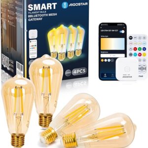 Aigostar E27 Smart Bluetooth Mesh Bulb 6W, Vintage Edison Dimmable Filament Bulb with 2700K-6500K Color, Compatible with Alexa, Google Home with Gateway(2.4GHZWifi) Pack of 4 ST64