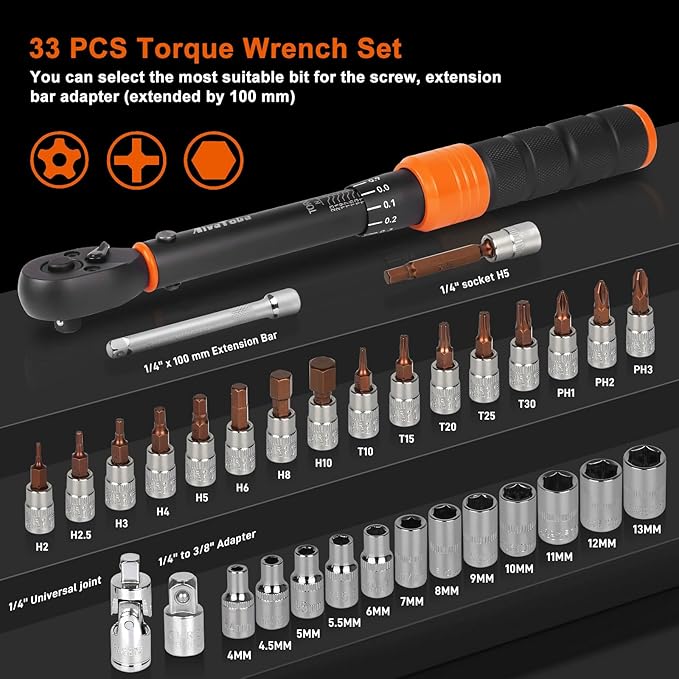 AivaToba Torque Wrench Set 33 PCS, 2-24 Nm Bike Torque Wrench 1/4, with Dual-Direction 72 Teeth, ±3% Accuracy, Including Extension Bars, Socket Bits Set, 1/4"-3/8" Adapter, for Bicycle Repair - Image 9