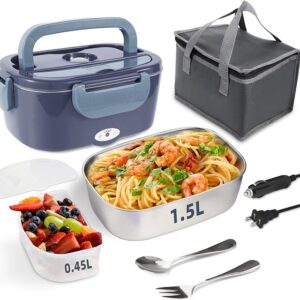 Electric Lunch Box, 12V/24V/110V Portable Food Warmer with SS Fork & Spoon for Car/Truck/Office, 80W Self Heating Lunch Box with 1.5L Container & 0.45L PP Fruit Box Light Bluish Purple