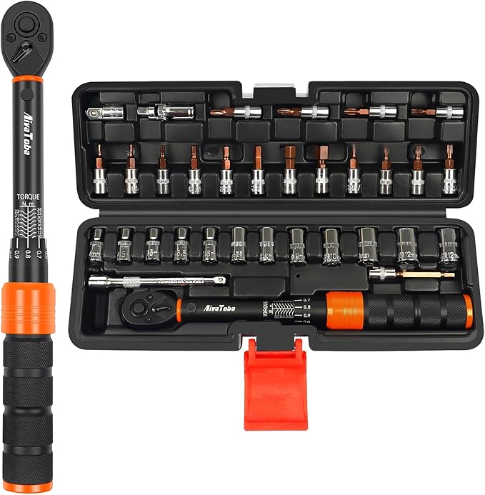 AivaToba Torque Wrench Set 33 PCS, 2-24 Nm Bike Torque Wrench 1/4, with Dual-Direction 72 Teeth, ±3% Accuracy, Including Extension Bars, Socket Bits Set, 1/4"-3/8" Adapter, for Bicycle Repair