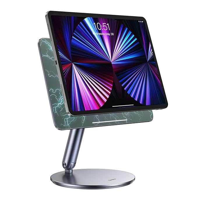 BENKS Tablet Magnetic Stand Adjustable, Swivel iPad Stand with 360° Rotating Base, Aluminum Foldable Desktop Stand Holder
