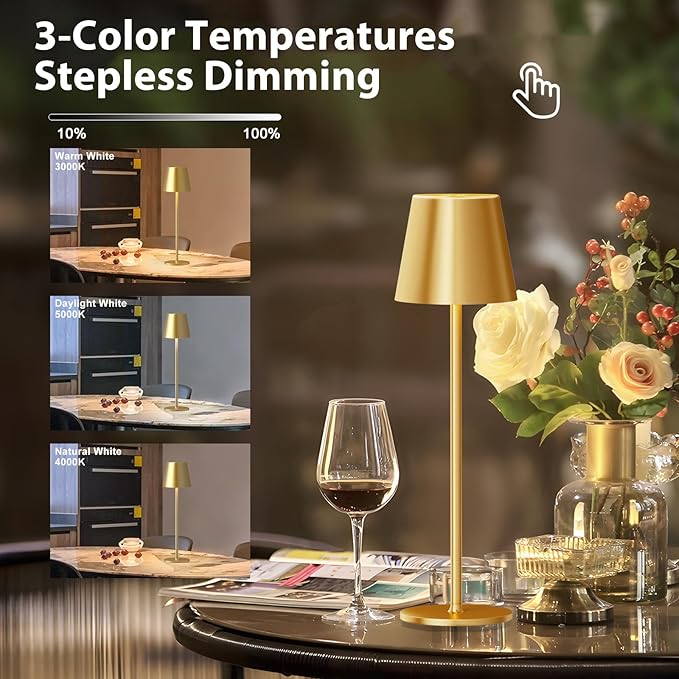 Wireless Table Lamp, Dimmable Table Lamp, Battery LED with 3 Colour Temperatures, Continuously Dimmable, Touch Lamp with USB-C Rechargeable for Outdoor Bedside Table, Dining Table, Camping - Image 3