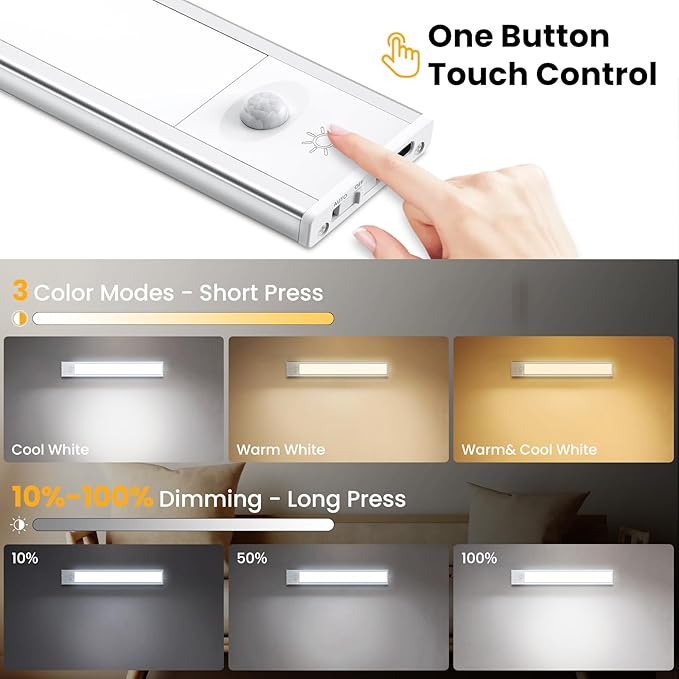 Under Cabinet Lights, 2 Pack Wireless Motion Sensor Light Indoor, Rechargeable Under Cabinet Lighting, Stick-On Magnetic Closet Lights, Under Counter Lights for Kitchen Hallway Stai - Image 5