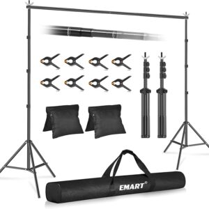 EMART Backdrop Stand, 10x10ft/3x3m Adjustable Background Support Kit with 2 Crossbars, 8 Clamps, 2 Sandbags and Carrying Bag for Photo Video Studio Parties Events Decoration -Black