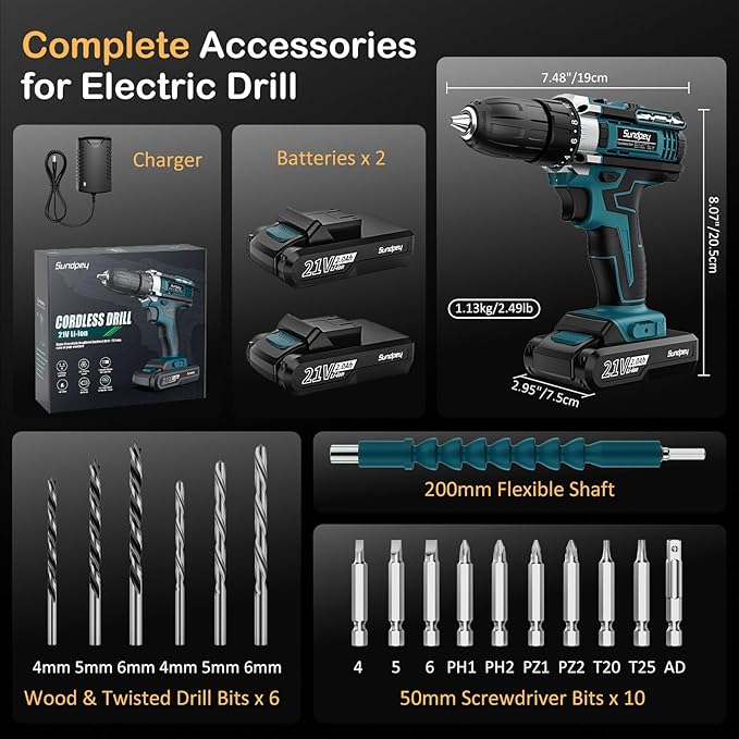 Sundpey Cordless Drill Set 21V - Power Drill Driver - Electric Screwdriver with 2 Batteries 2.0Ah & LED Light & Spirit Level & 18+1 Torque (Max 45N.m) & 2 Speed for Home DIY Project Blue - Image 8