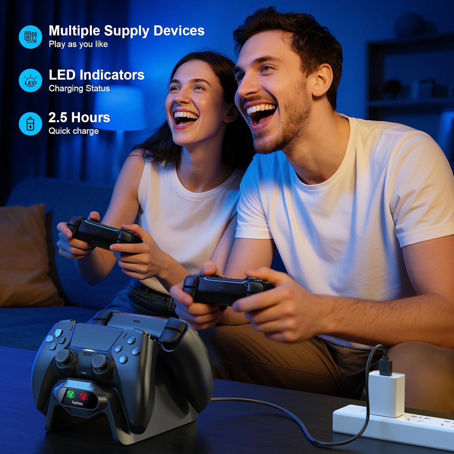 Fachixy Controller Charger for PS5, with 2-Hour Fast Charging chip, PlayStation 5 Charging Station with US Power Adapter and Cable, with LED Charging Status Indicator Light, Black - Image 4