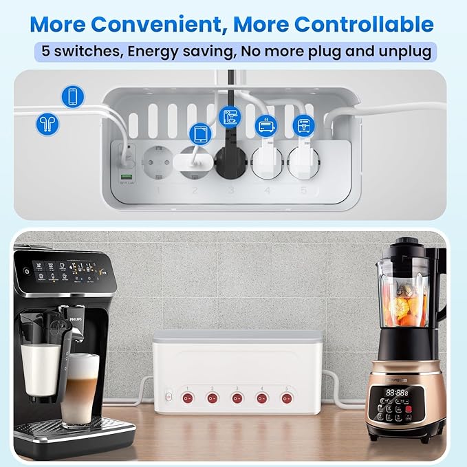 Power Strip with Cable Order Box, Large Cable Management Box Socket Strip 5 Way Socket, Hides Extension Blocks, Desk Cable Management, Stylish TV Cable, Multi Plug 1.5M Cable, White - Image 5