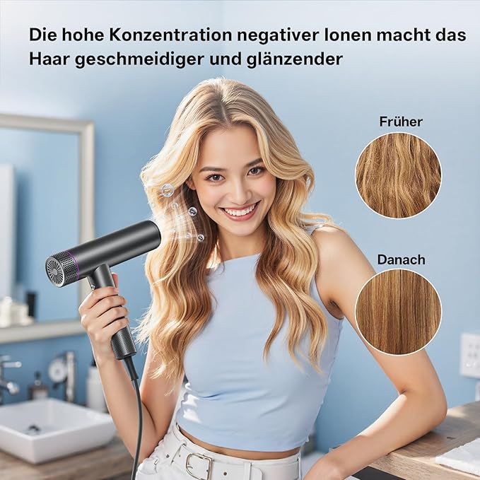 CONFU Professional Ionic Hair Dryer 1700W Lightweight Foldable Low Noise Magnetic Diffuser Styling Nozzle Extra Long Cable for Home, Salon and Travel - Image 8