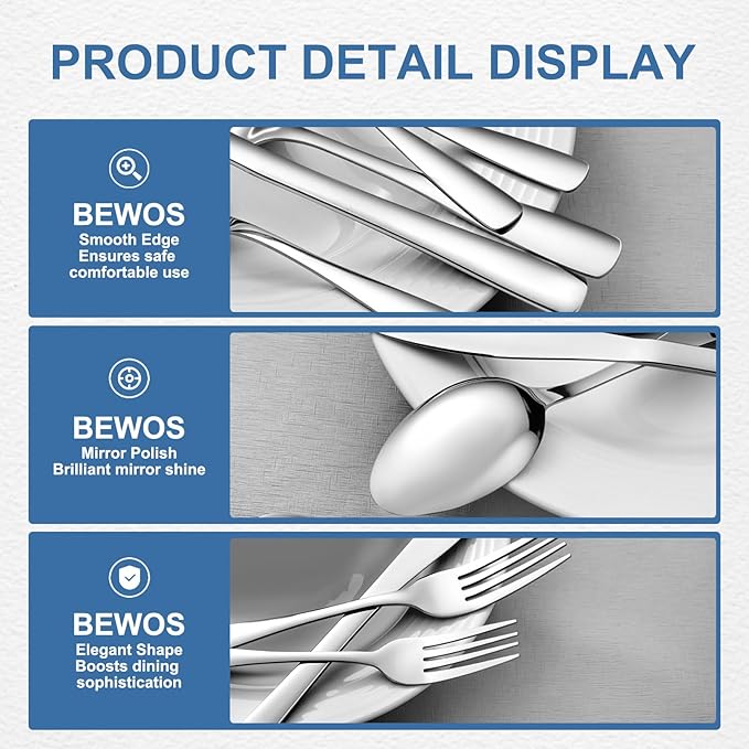 BEWOS Silverware Set - Stainless Steel Silverware Sets for 4 Include Spoon, Forks, Knives, Mirror Polished Flatware Set for Home, Kitchen, Restaurant, Dishwasher Safe - Image 6